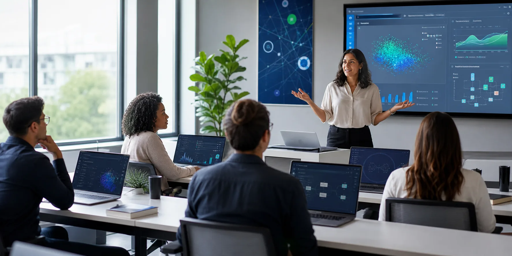 Instructor leading an AI workshop with students using digital learning dashboards