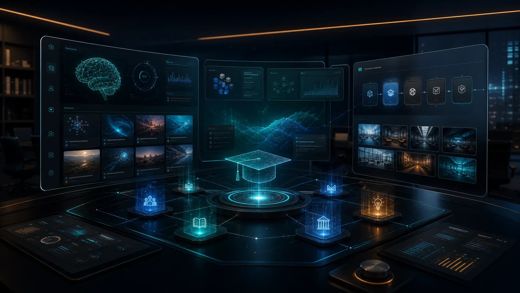 3D AI learning ecosystem with floating course dashboards and education icons