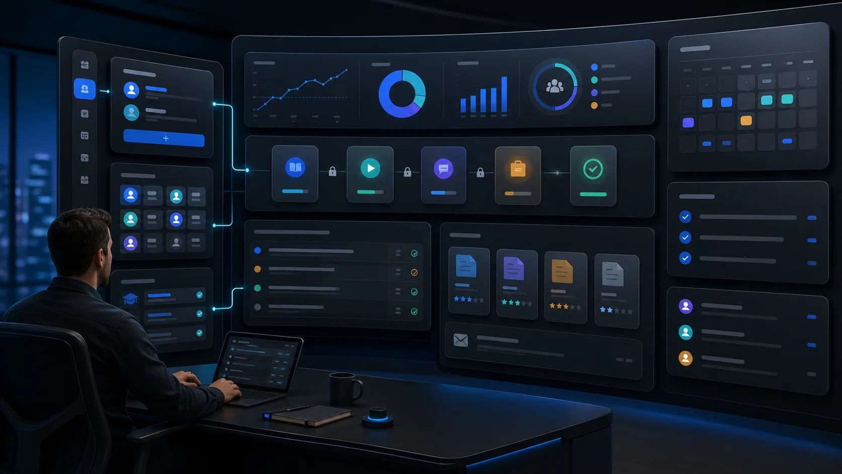 Instructor using a dark command center dashboard for cohorts, modules, assignments, and analytics