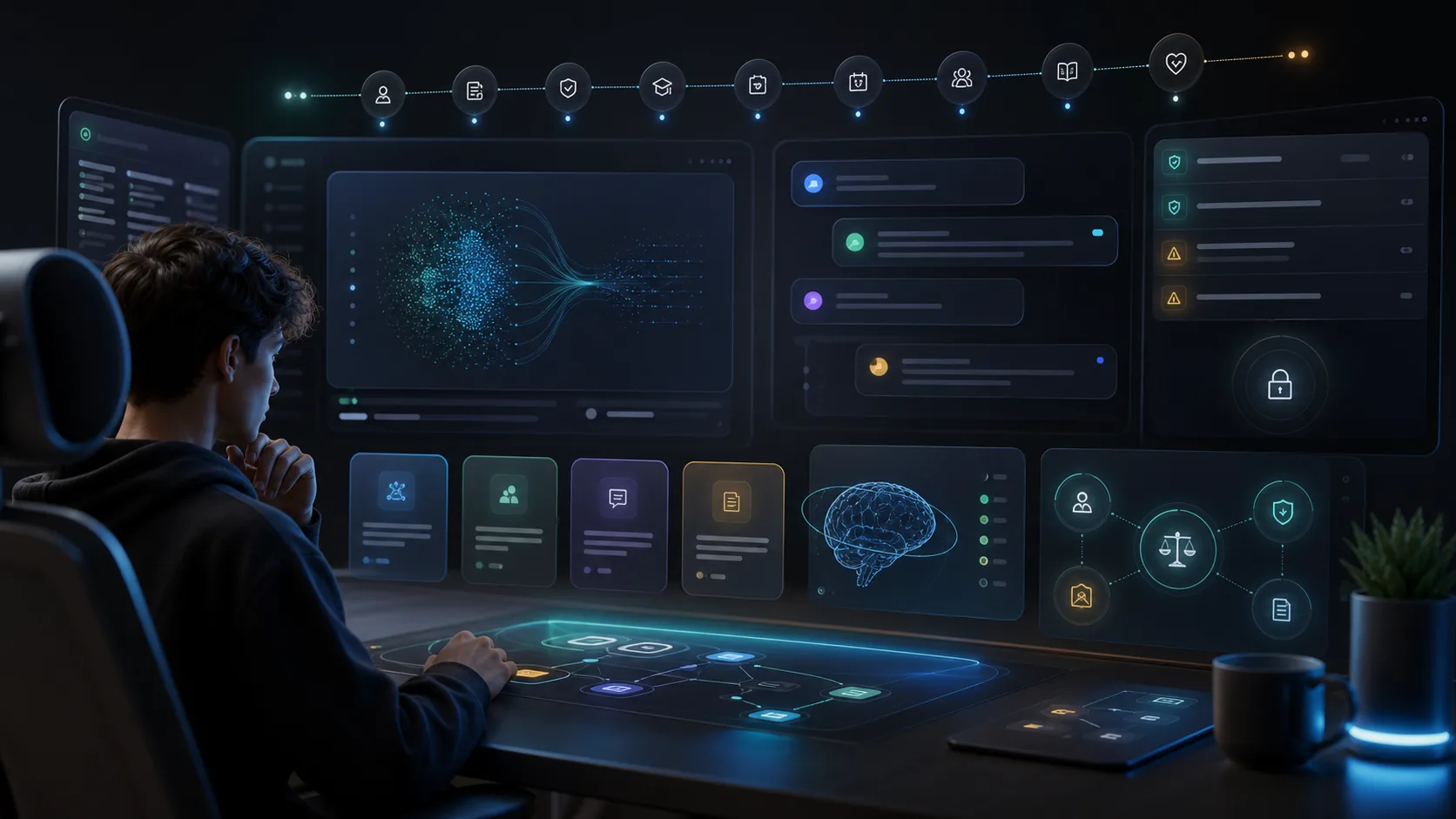 Student working inside a futuristic AI learning sandbox interface